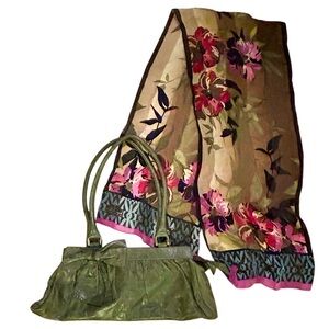 Vintage Floral Geometric Scarf Pink Olive Blue and Blue Colorblock Hem